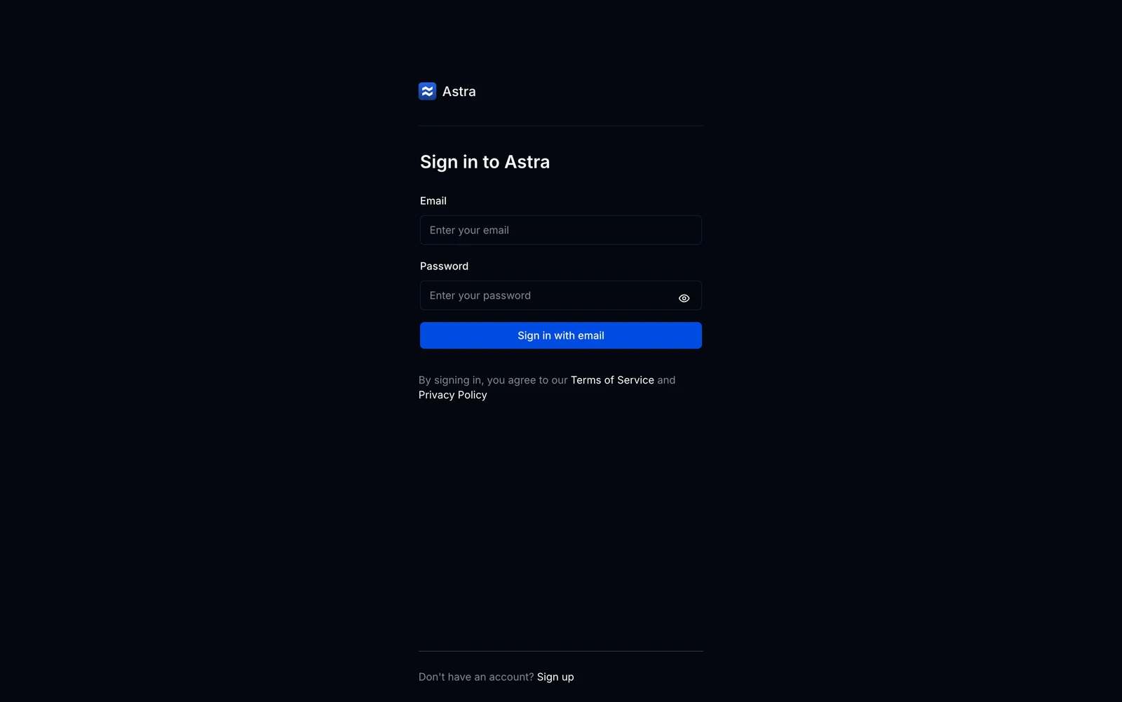 Astra sign in page with focused authentication card