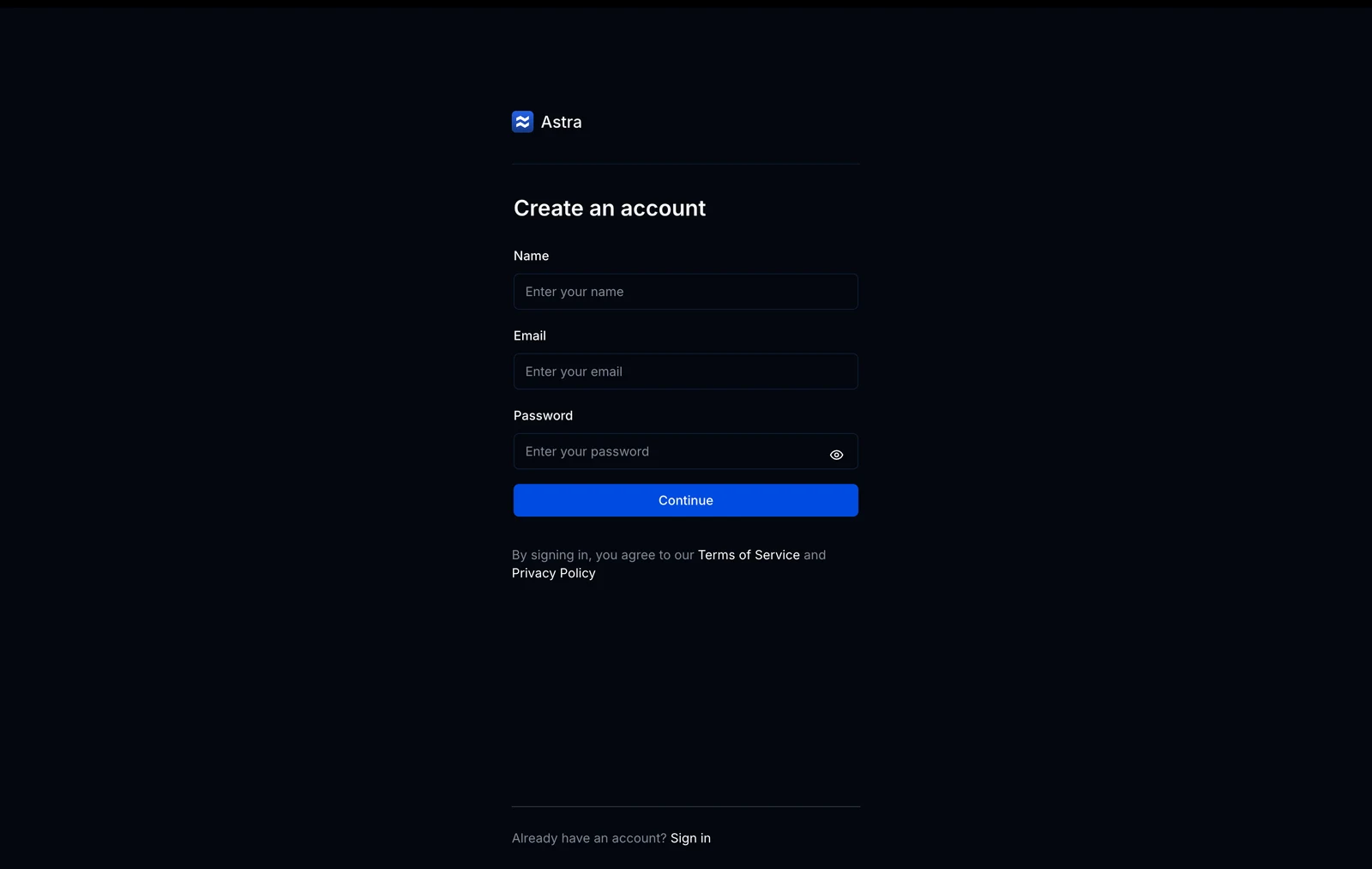 Astra sign up page with account creation form
