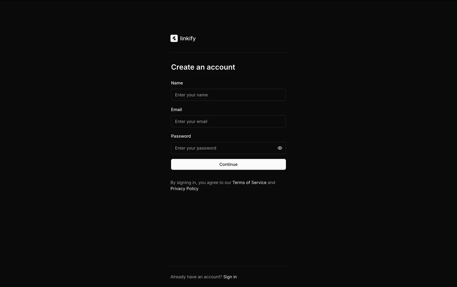 Linkify sign up page